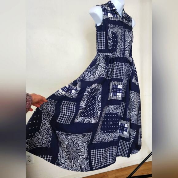 ISAAC MIZRAHI Navy Blue White Multi Print Sleeveless A-line Maxi Summer Dress XS - Picture 9 of 9